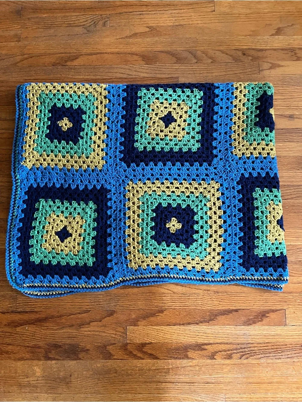 Vintage Handmade Crochet Afghan Blanket in Blue, Green, Yellow, Navy 48 x 72
